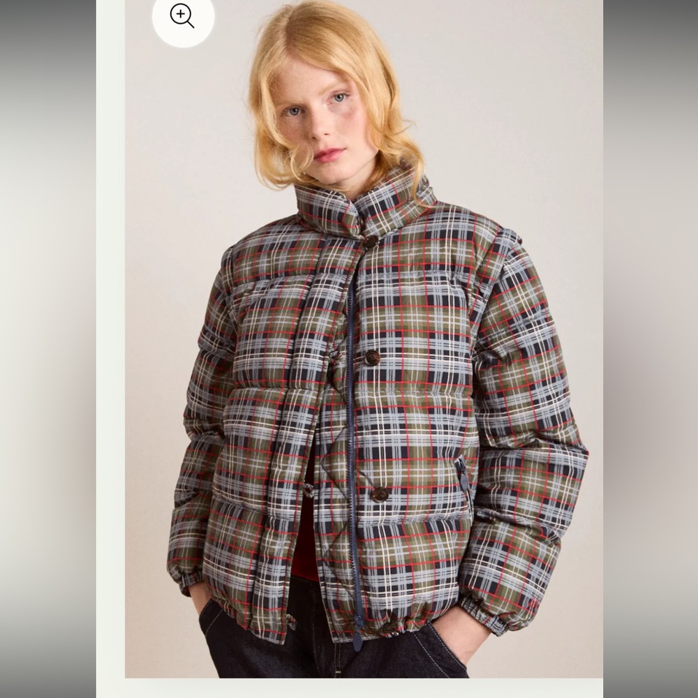 Plaid Puffer Bomber Jacket with Scarf Hood - Brown/Gray - Picture 4 of 16